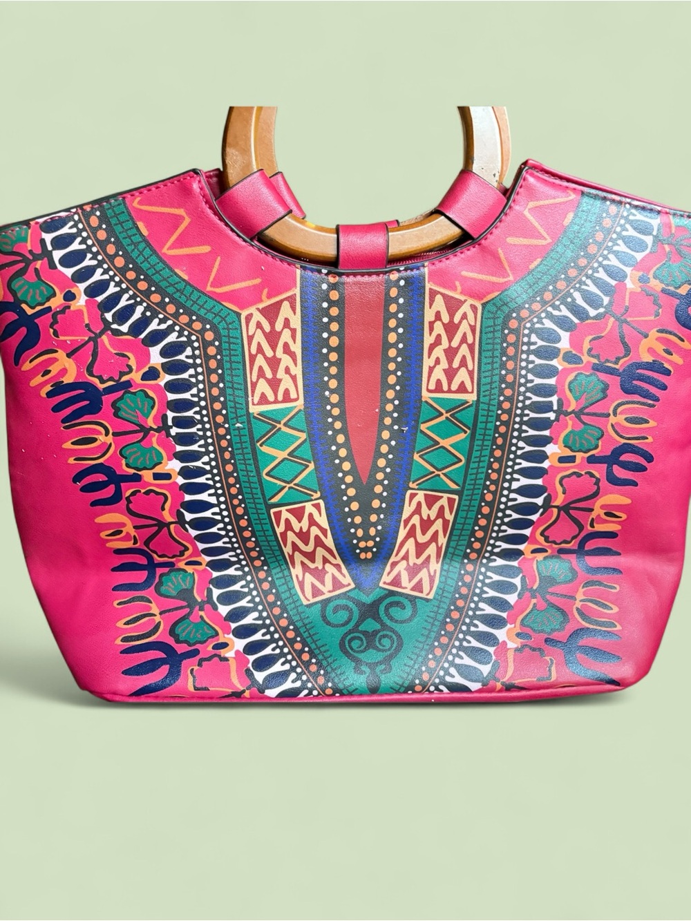 Vibrant Red/Multicolor African Print Tote Bag - Satchel w/ Lovely Wooden Handles